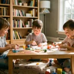 Trois enfants assis autour d'une table en bois faisant des activités créatives avec des fournitures de bricolage colorées dans un salon chaleureux