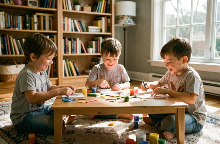 Trois enfants assis autour d'une table en bois faisant des activités créatives avec des fournitures de bricolage colorées dans un salon chaleureux