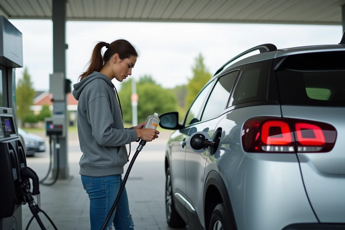 Femme versant un additif carburant dans le réservoir d'une Peugeot à la station-service pour éviter le code P1445