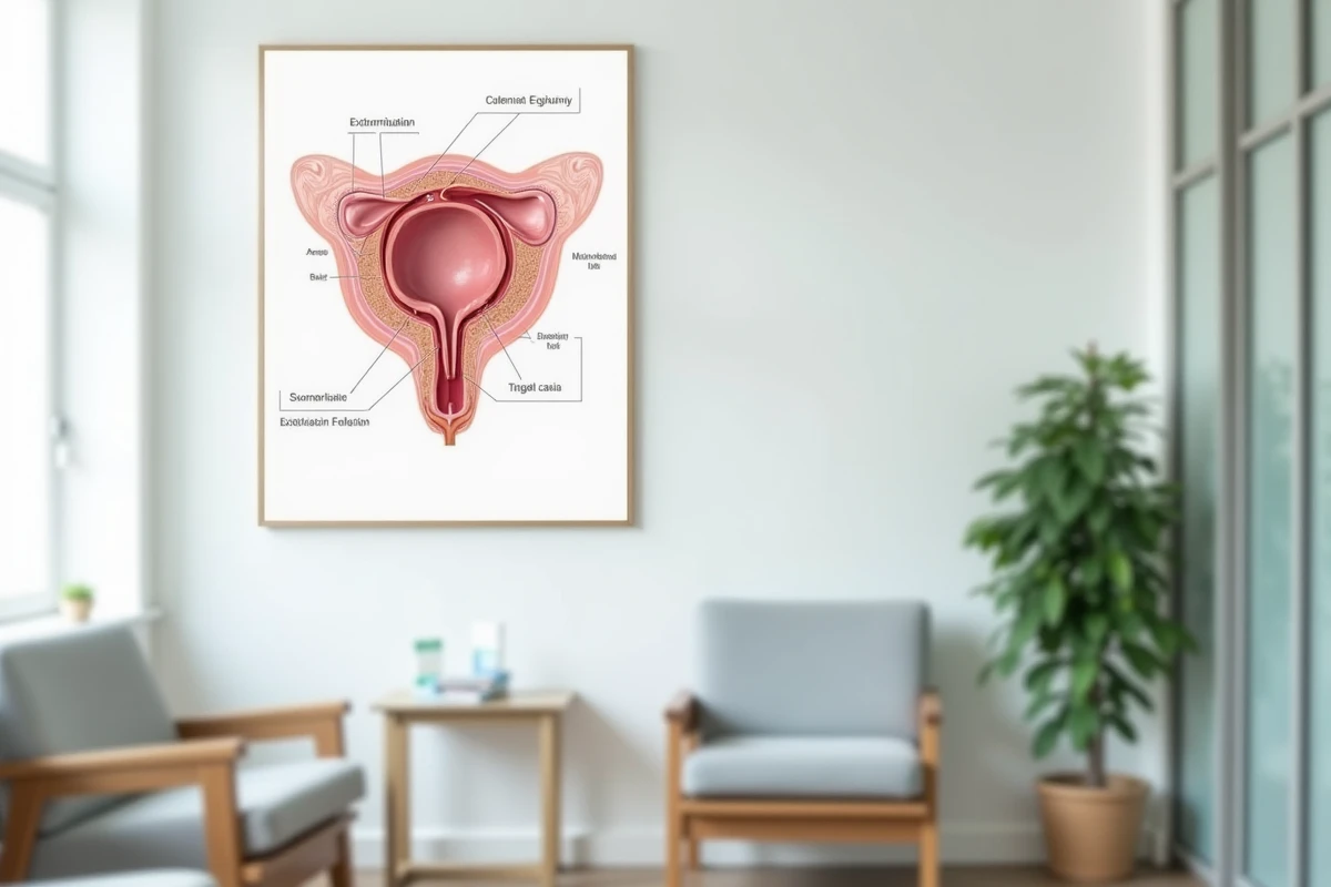 Affiche anatomique illustrant la zone ano-rectale et les hémorroïdes externes dans une salle d'attente médicale