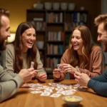 Groupe d'amis adultes jouant aux cartes autour d'une table en bois dans un appartement chaleureux