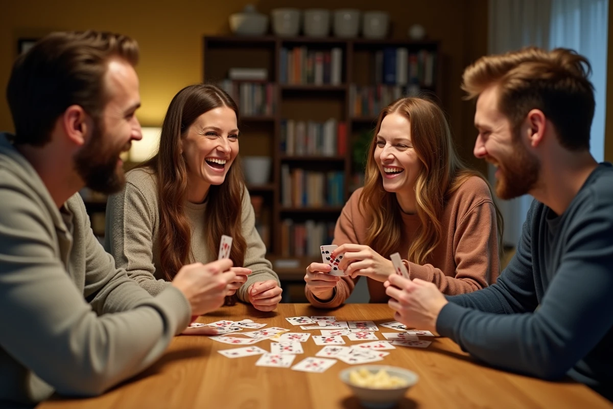 Groupe d'amis adultes jouant aux cartes autour d'une table en bois dans un appartement chaleureux