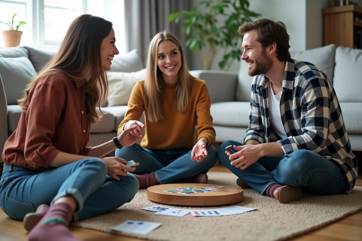 Trois amis assis par terre discutant des stratégies du jeu 7 14 21 dans un salon moderne