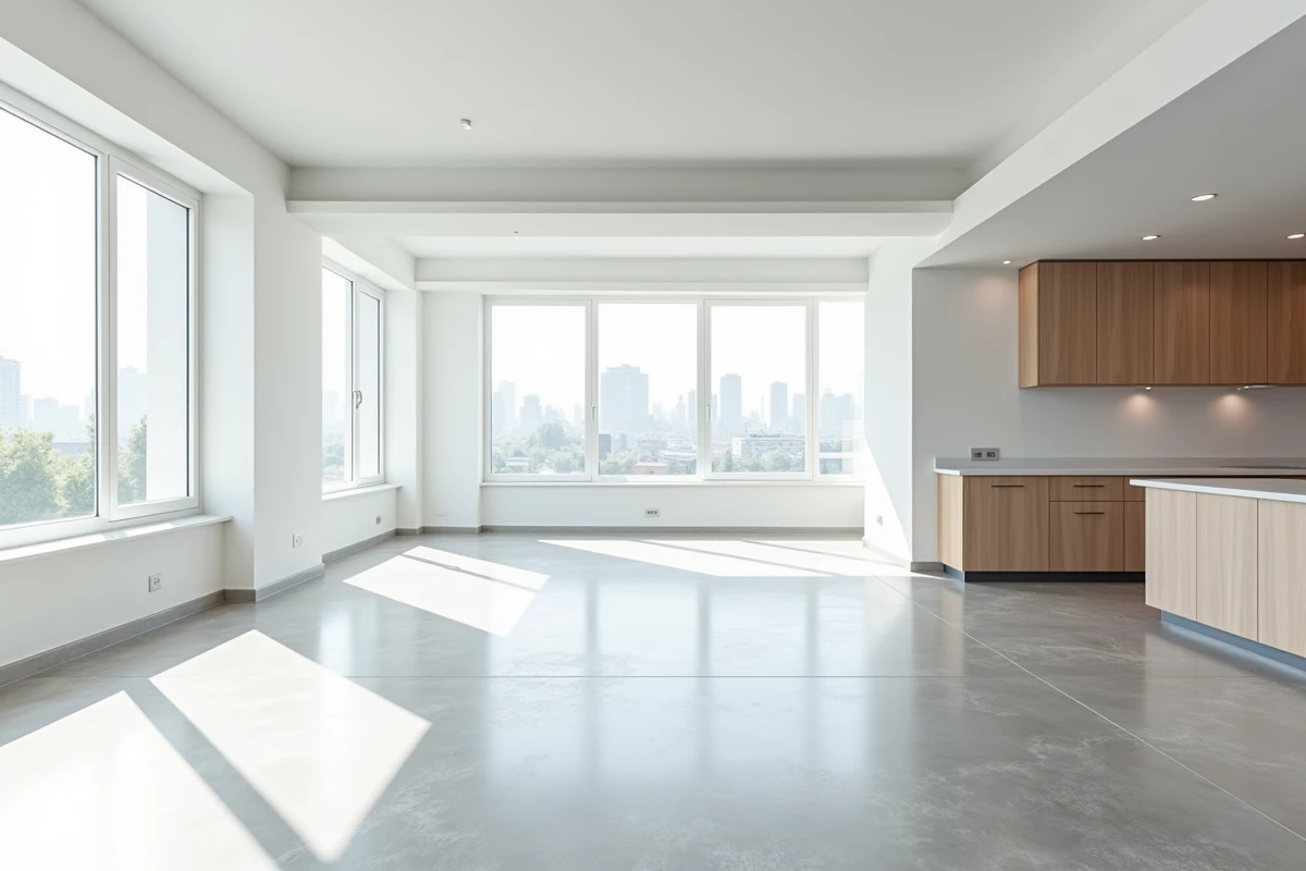 Intérieur d'un appartement neuf vide avec grandes fenêtres et finitions modernes prêt à investir
