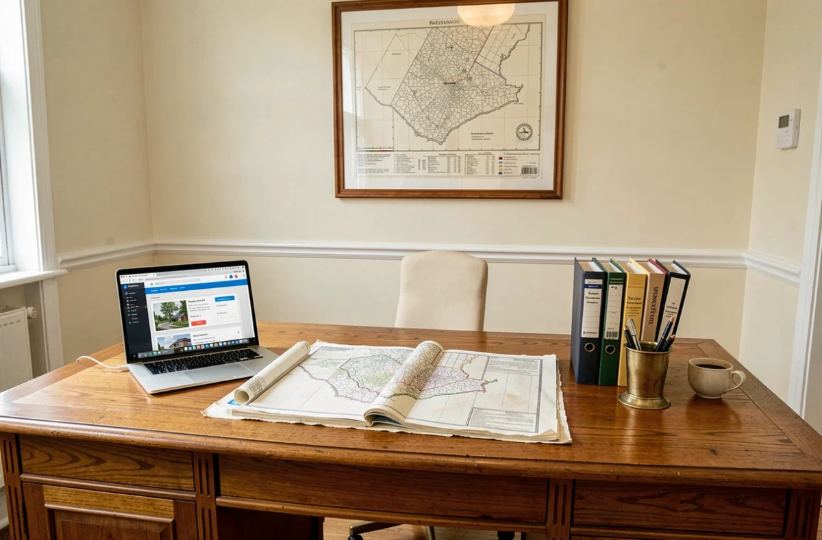 Bureau de notaire avec plan cadastral et documents immobiliers pour la gestion des adresses de propriété