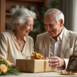 Couple âgé célébrant leurs noces d'or en déballant un cadeau enrubanné d'or autour d'une table décorée