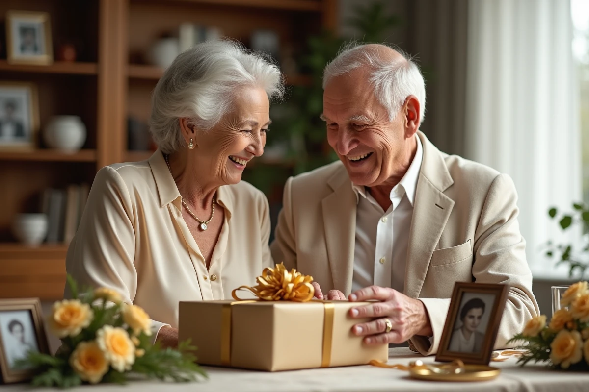 Couple âgé célébrant leurs noces d'or en déballant un cadeau enrubanné d'or autour d'une table décorée