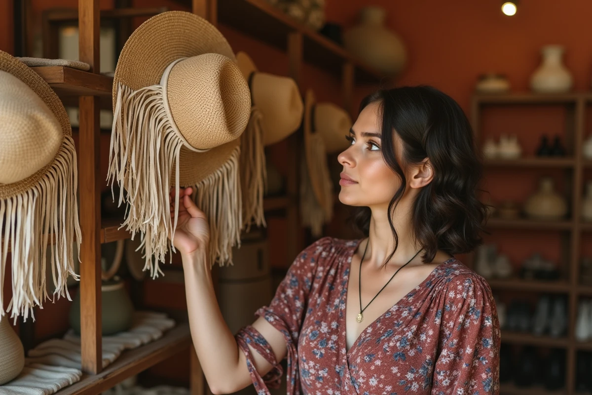 Femme choisissant un chapeau à franges boho dans une boutique d'accessoires d'été