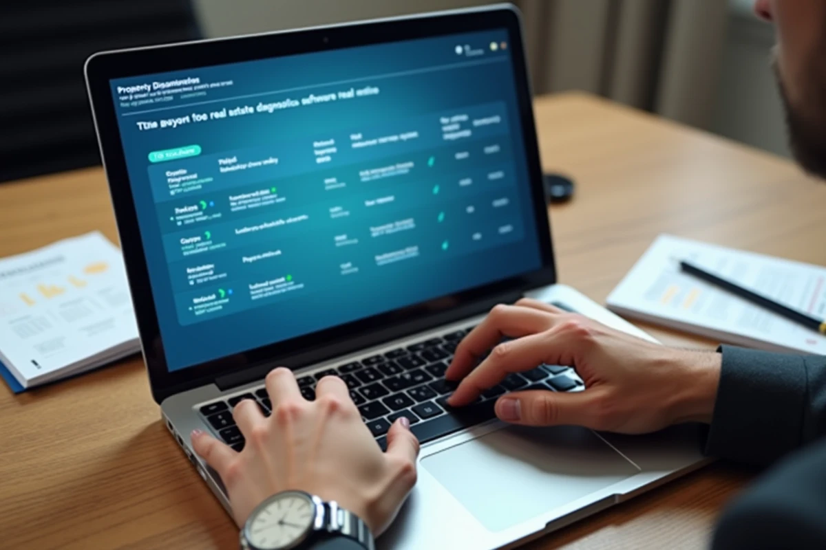 Gros plan sur les mains d'un professionnel comparant des logiciels de diagnostic immobilier sur un écran d'ordinateur portable