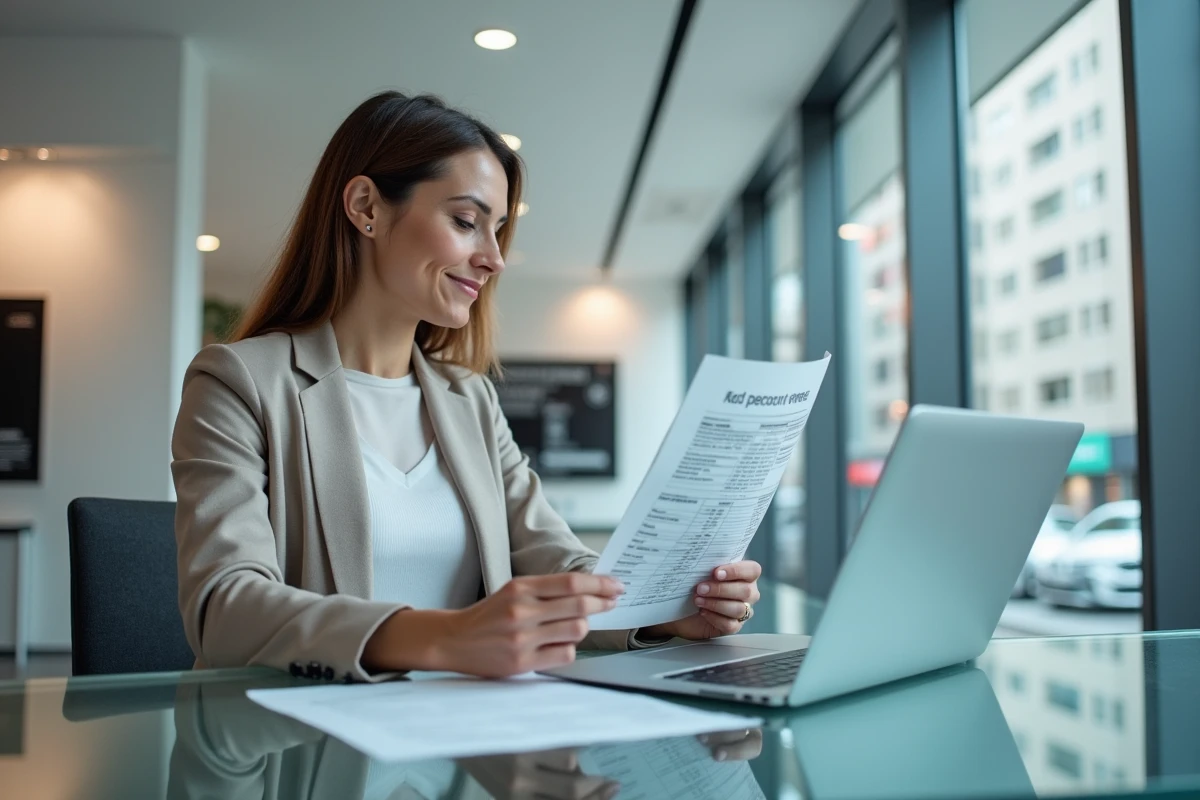 Femme comparant des offres de prêt immobilier entre banque nationale et banque locale dans une agence moderne