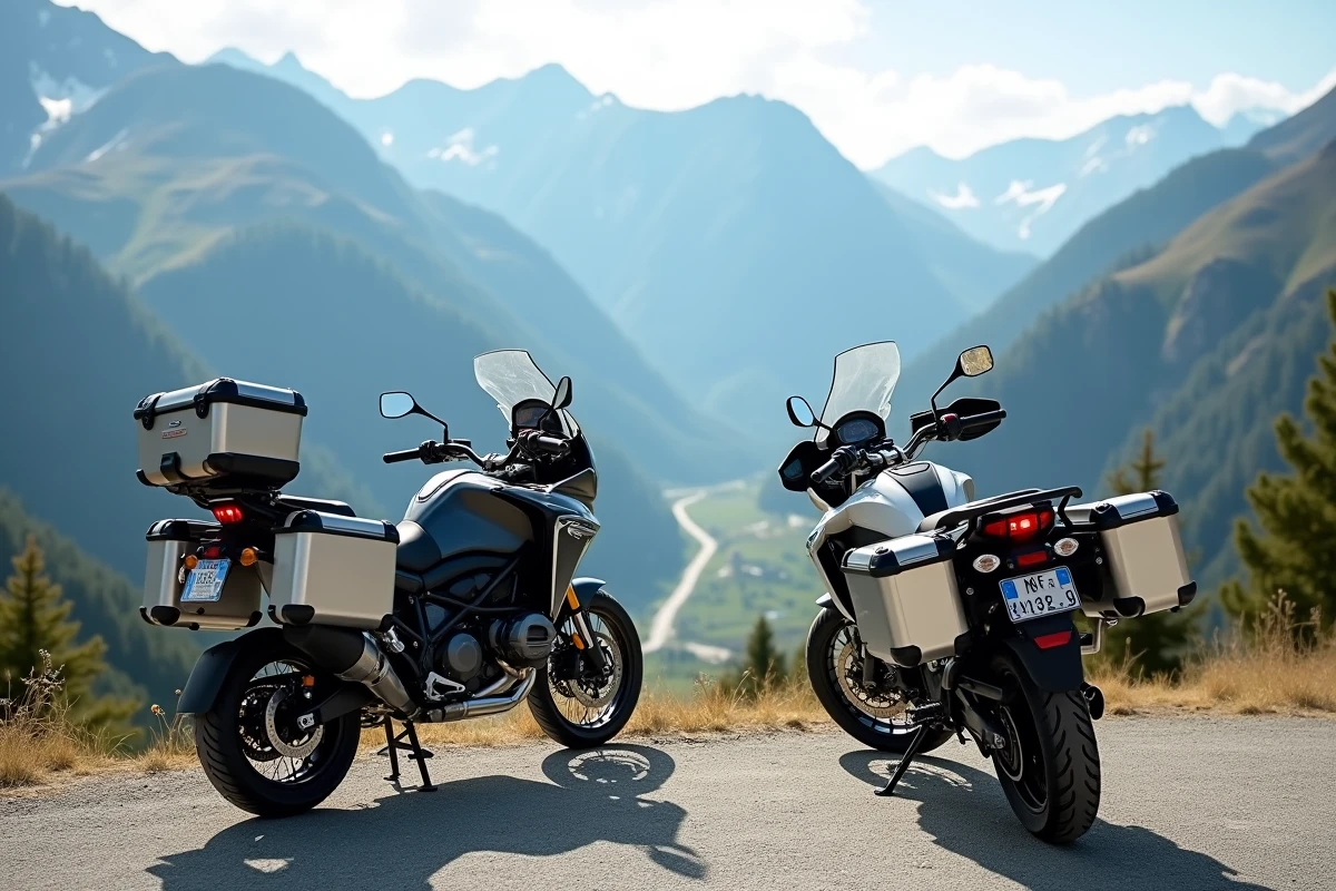 Deux motos de tourisme aux grands réservoirs garées côte à côte sur un col de montagne dans les Alpes françaises