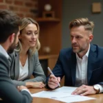Conseiller d'une banque locale présentant une offre de prêt immobilier à un couple lors d'un rendez-vous en agence