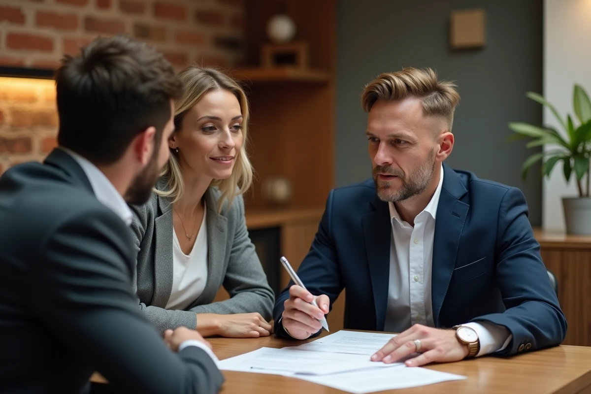 Conseiller d'une banque locale présentant une offre de prêt immobilier à un couple lors d'un rendez-vous en agence