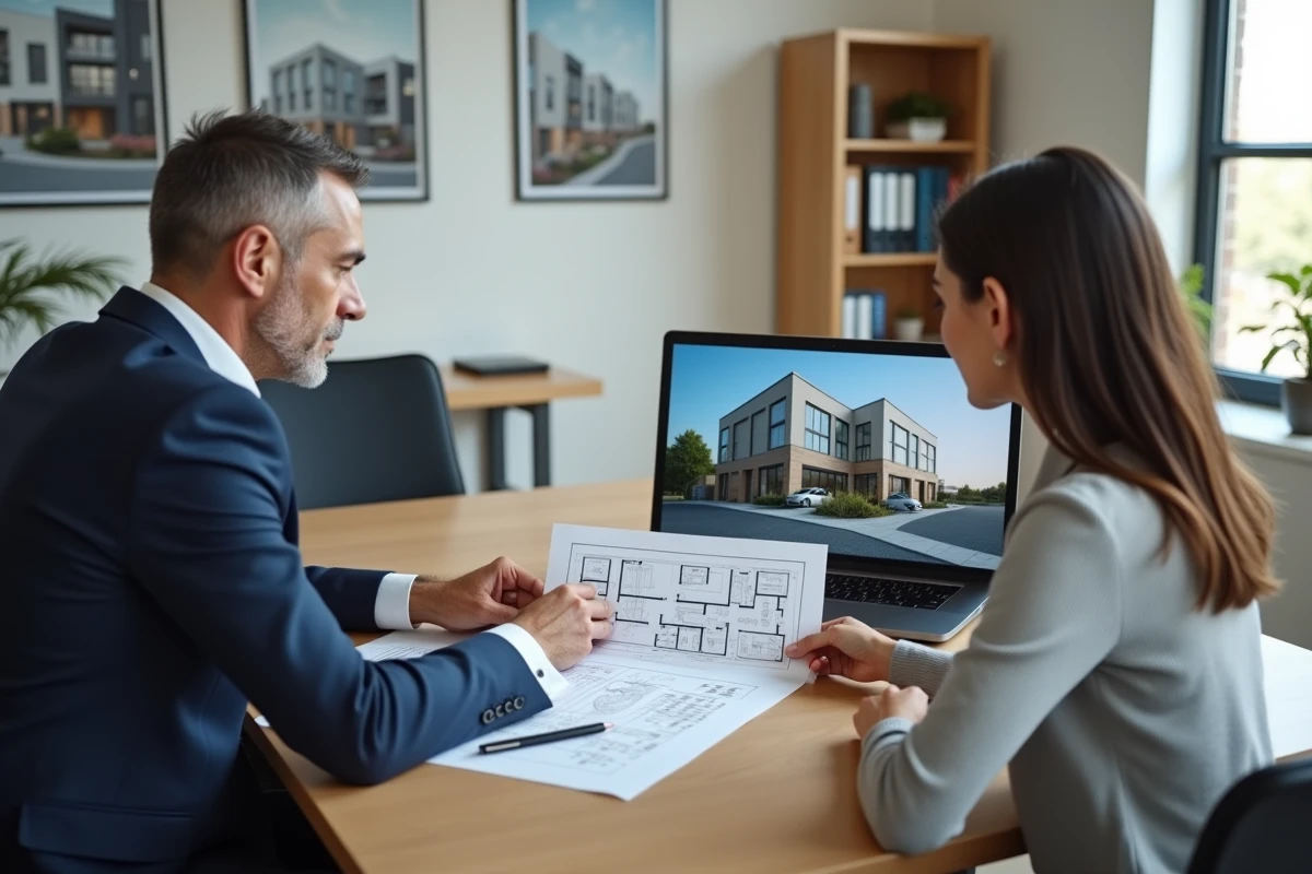 Conseiller immobilier présentant des plans de logements neufs à une cliente dans un bureau moderne
