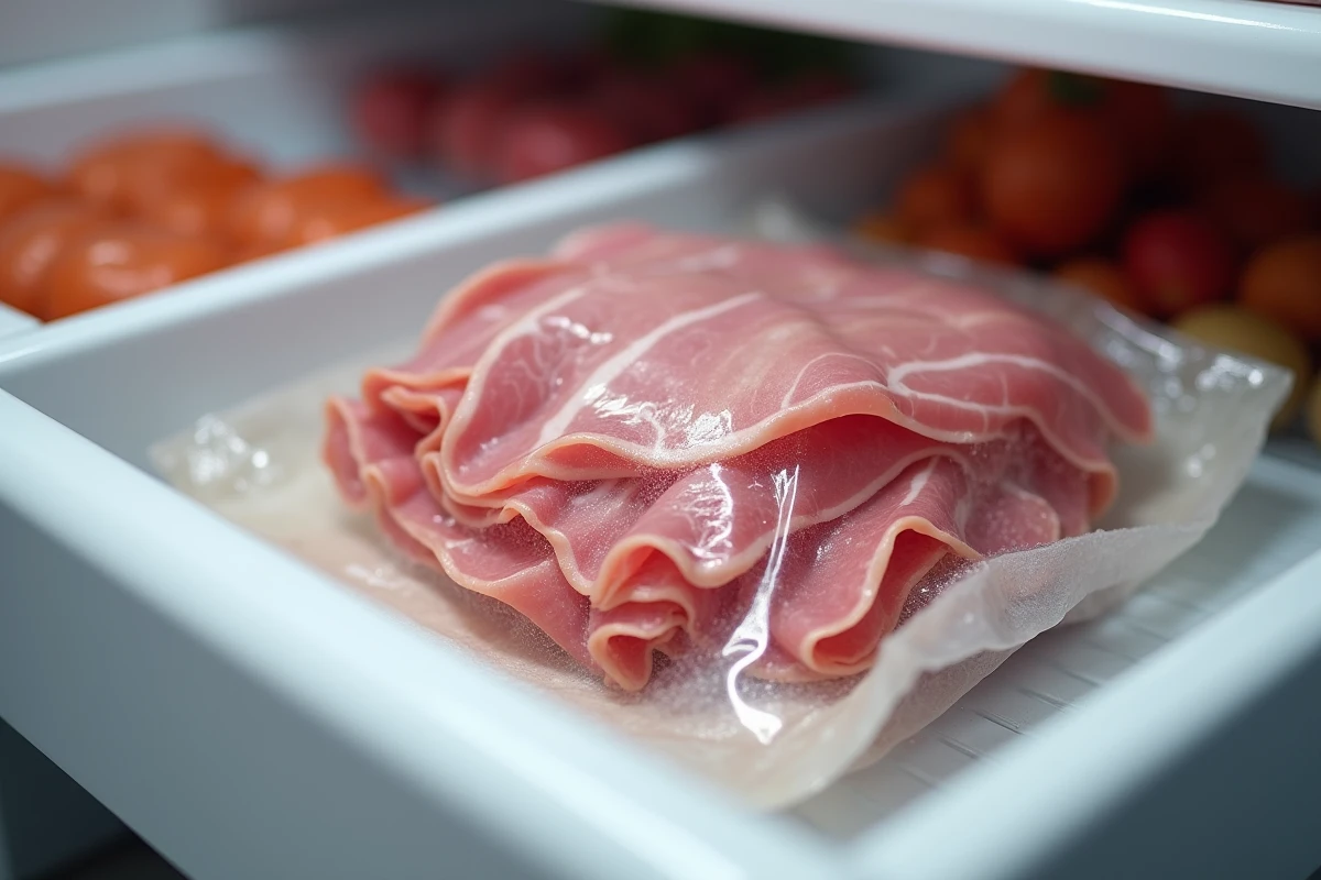 Paquet de lardons dans un tiroir de réfrigérateur pour vérifier leur conservation et fraîcheur