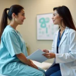 Consultation médicale d'une femme avec son médecin au sujet d'une affection ano-rectale comme les hémorroïdes externes