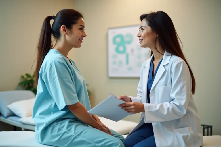 Consultation médicale d'une femme avec son médecin au sujet d'une affection ano-rectale comme les hémorroïdes externes