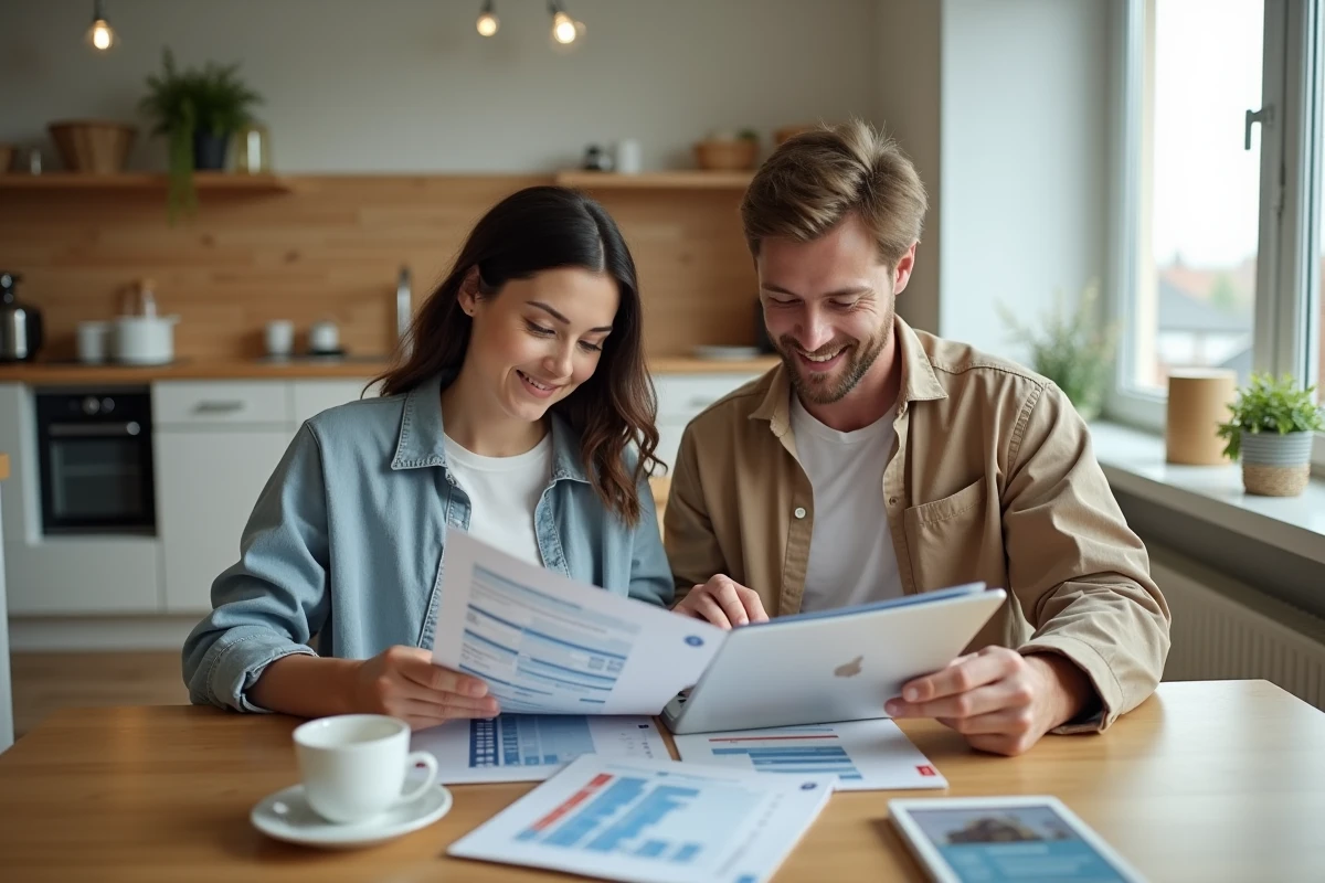 Jeune couple étudiant des brochures de prêt immobilier à domicile pour choisir entre banque locale et nationale