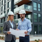 Couple professionnel devant un immeuble neuf moderne consultant des plans d'architecte pour un investissement immobilier