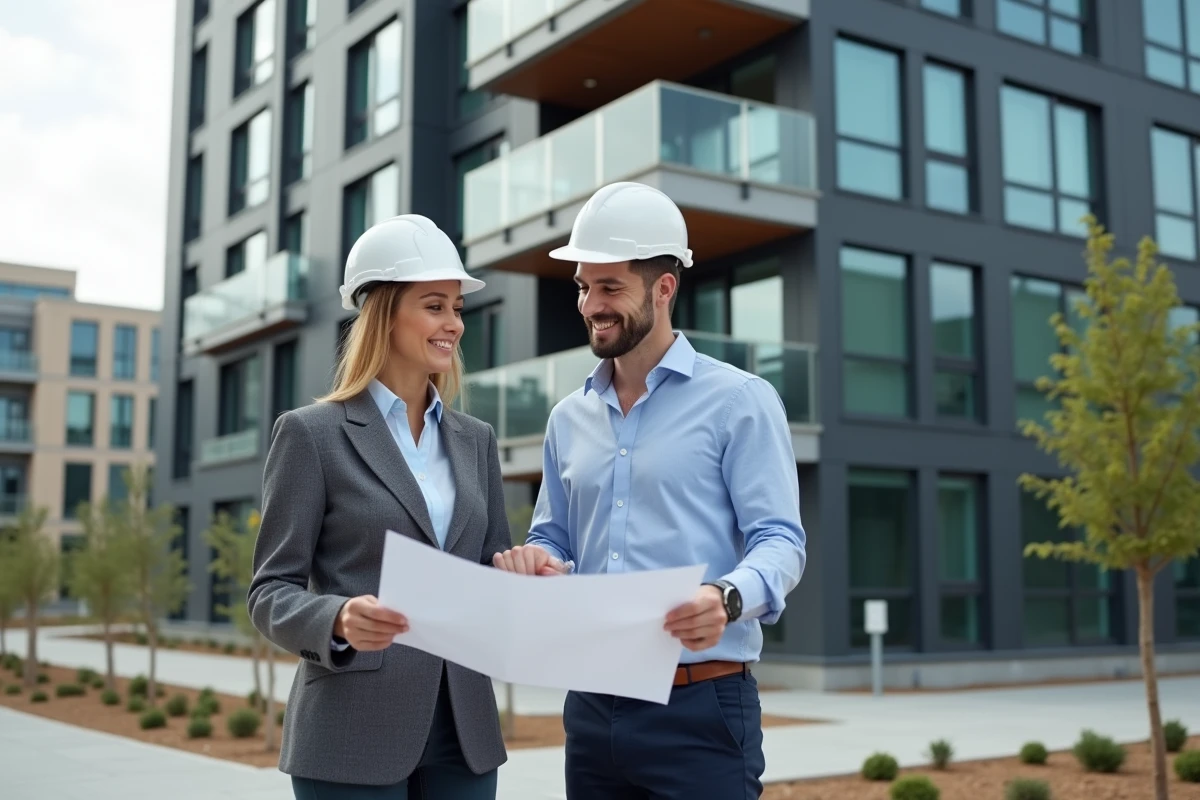Couple professionnel devant un immeuble neuf moderne consultant des plans d'architecte pour un investissement immobilier