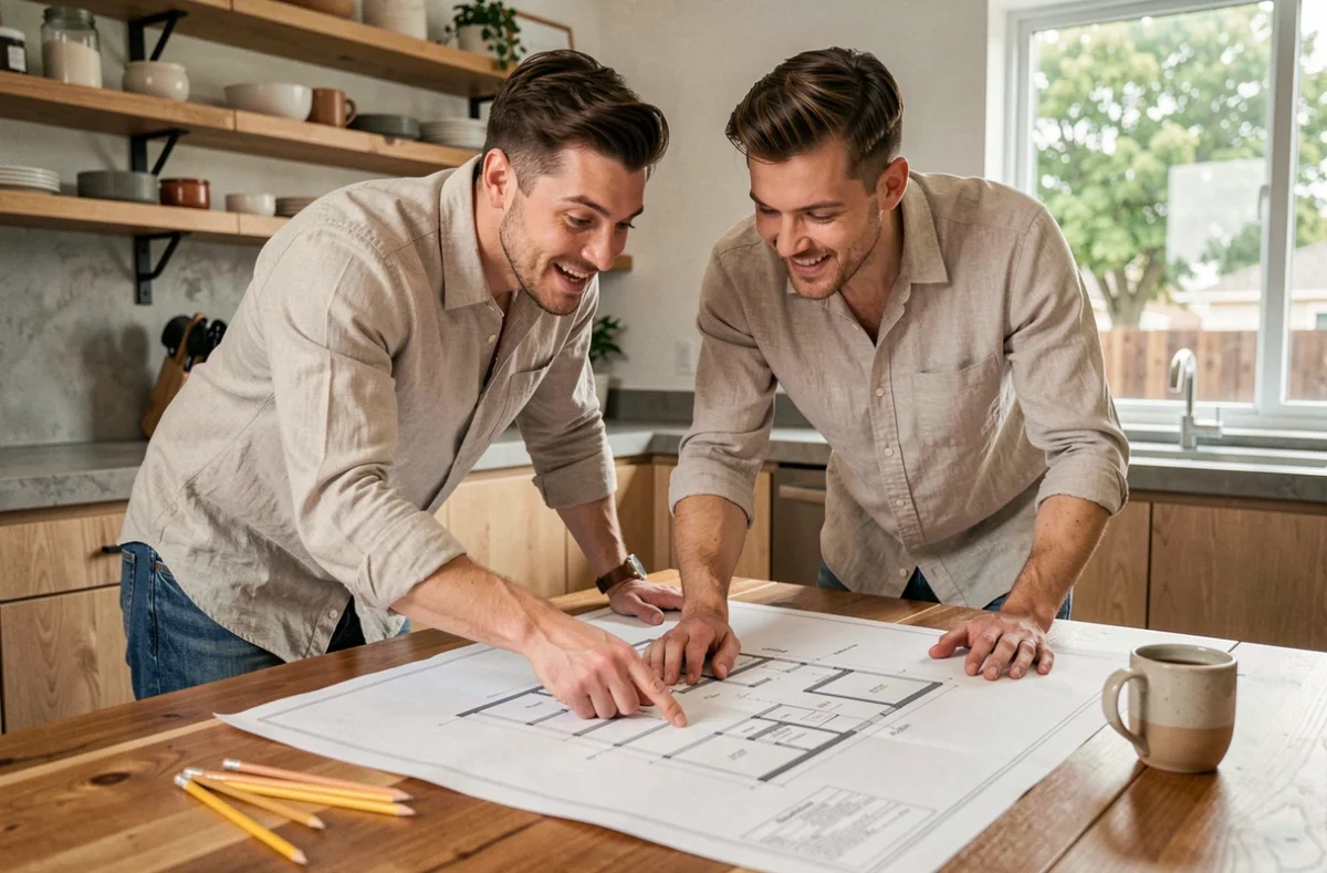 Couple examinant des plans architecturaux pour construire leur maison de rêve