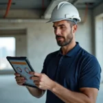 Diagnostiqueur immobilier professionnel utilisant un logiciel de diagnostic sur tablette dans un appartement vide en cours d'inspection