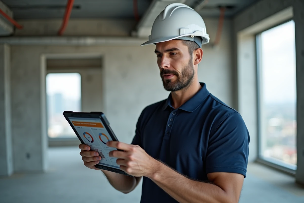 Diagnostiqueur immobilier professionnel utilisant un logiciel de diagnostic sur tablette dans un appartement vide en cours d'inspection