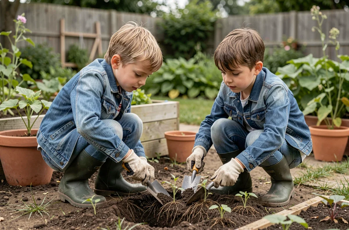 Deux enfants qui jardinent ensemble dans un potager extérieur, plantant des semis avec des gants et des truelles, activité éducative en plein air