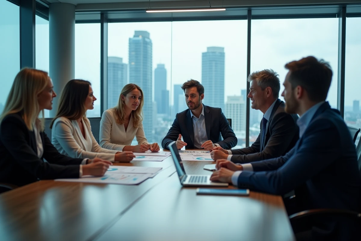 Groupe de collègues en réunion dans une salle de conférence hightech