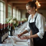 Responsable traiteur comptant des bouteilles de vin sur une table dressée pour un grand événement de 100 invités