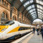Eurostar en gare de St Pancras International à Londres sous la verrière victorienne avec des voyageurs sur le quai