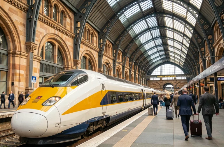 Eurostar en gare de St Pancras International à Londres sous la verrière victorienne avec des voyageurs sur le quai