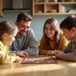 Famille de quatre jouant à un jeu de société dans une cuisine chaleureuse