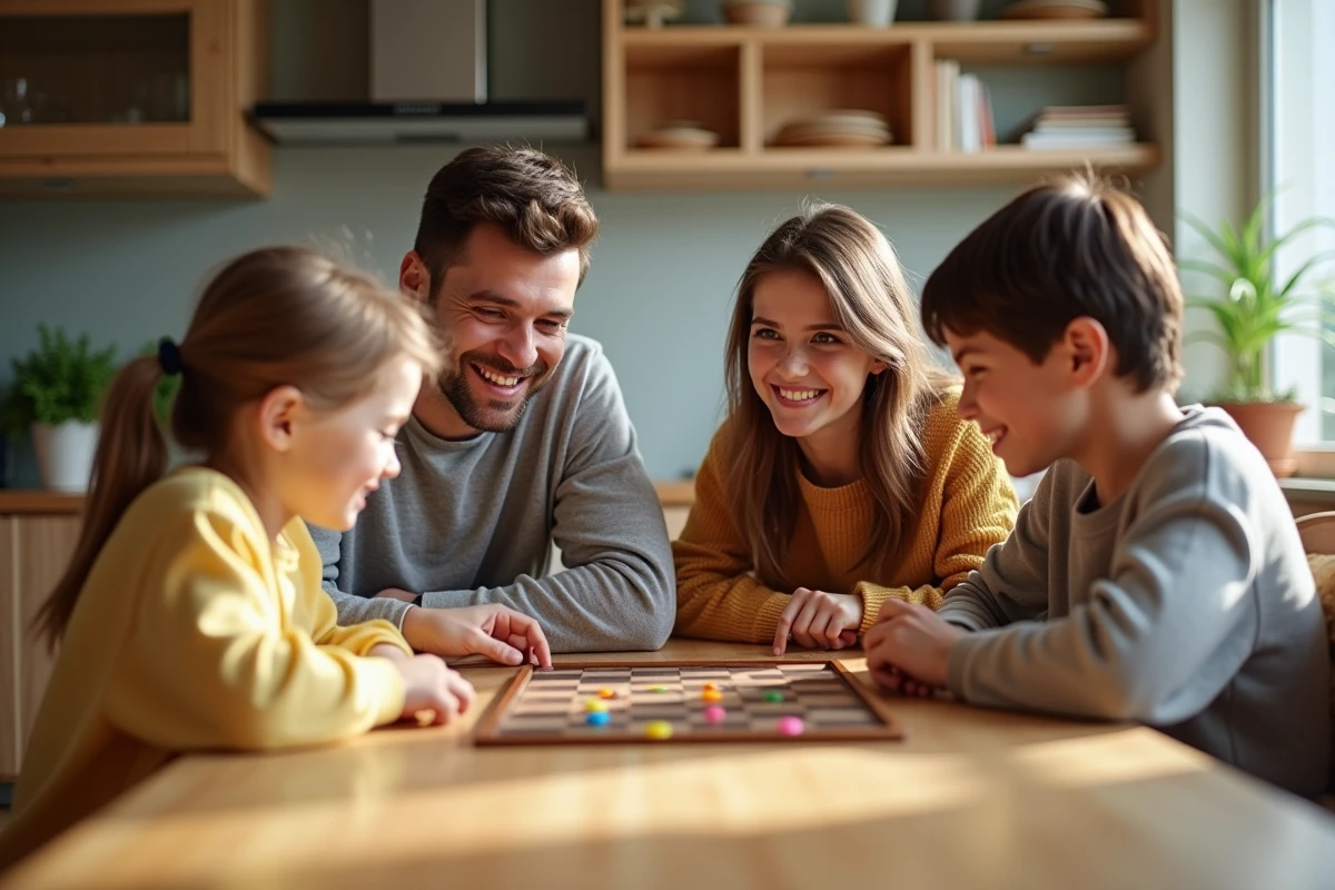 Famille de quatre jouant à un jeu de société dans une cuisine chaleureuse