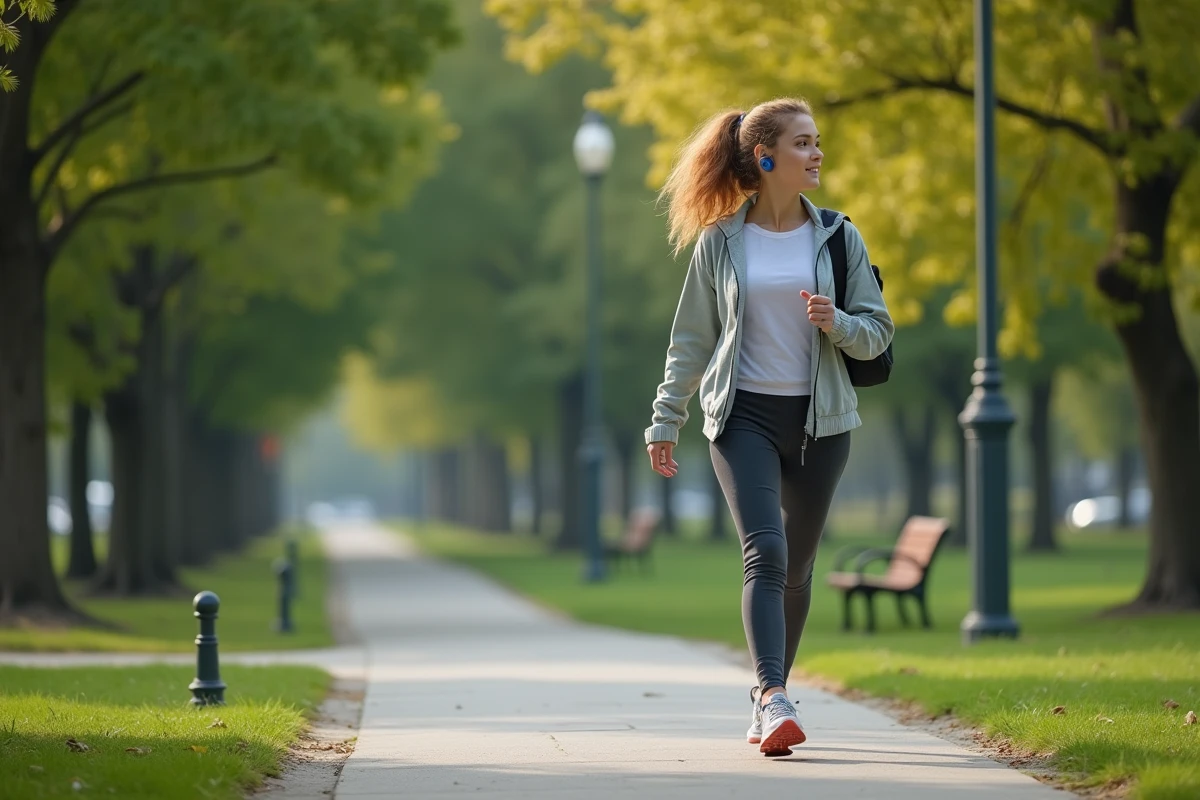 Femme en mouvement dans un parc urbain verdoyant