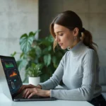 Femme professionnelle consultant les tendances technologiques et l'actualité numérique sur un ordinateur portable dans un bureau moderne en 2024