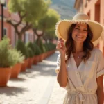 Femme portant un chapeau à franges en paille sur une promenade méditerranéenne en été