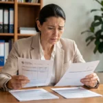 Femme consultant deux documents officiels pour comparer adresse cadastrale et adresse postale d'un bien immobilier