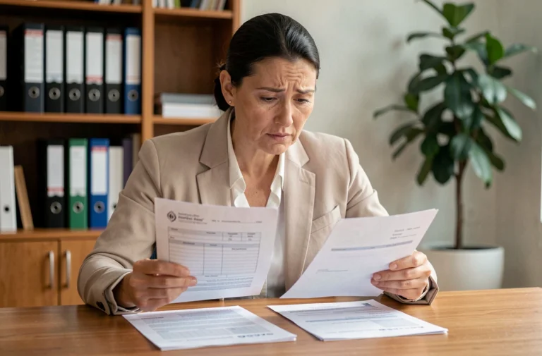 Femme consultant deux documents officiels pour comparer adresse cadastrale et adresse postale d'un bien immobilier