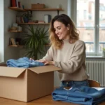 Femme souriante préparant un colis de vêtements d'occasion dans un appartement lumineux