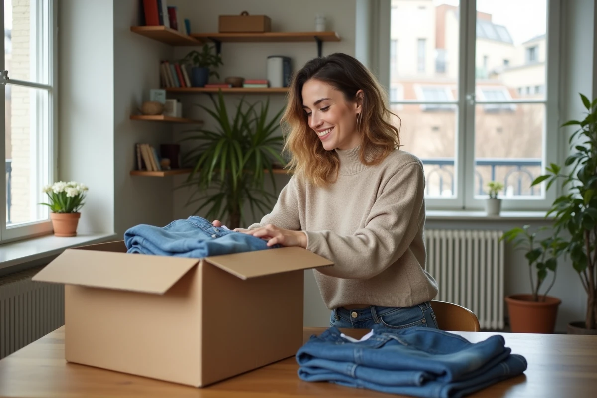 Femme souriante préparant un colis de vêtements d'occasion dans un appartement lumineux