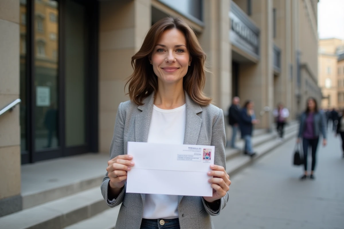 Femme tenant une enveloppe officielle devant un bureau de conservation des hypothèques