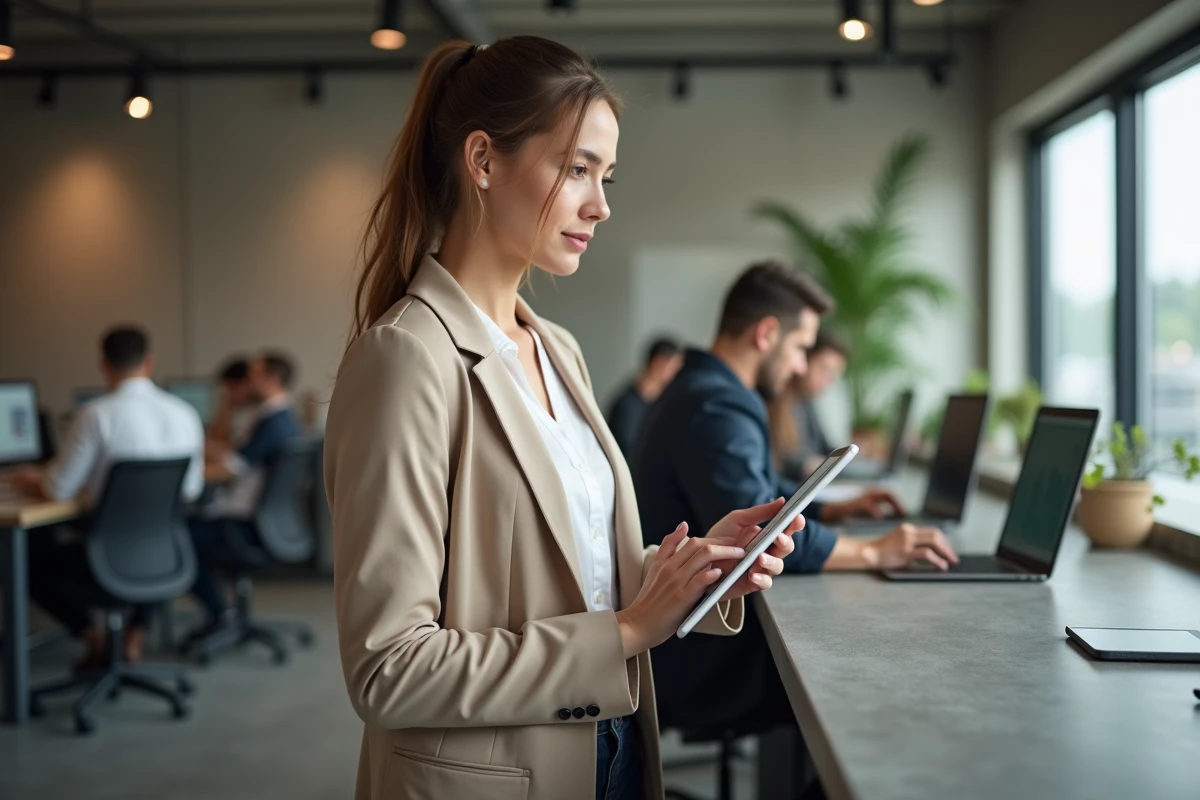 Femme investissant via une application d'achats programmés en bourse dans un espace de coworking moderne