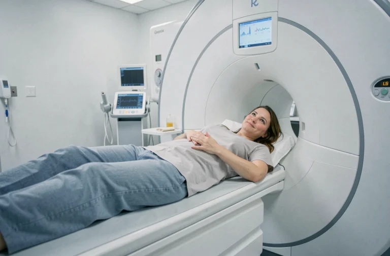 Femme allongée dans un appareil IRM ouvert lors d'un examen radiologique en milieu hospitalier