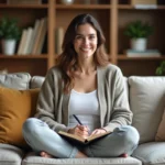 Femme souriante en train de journaliser dans un salon cosy