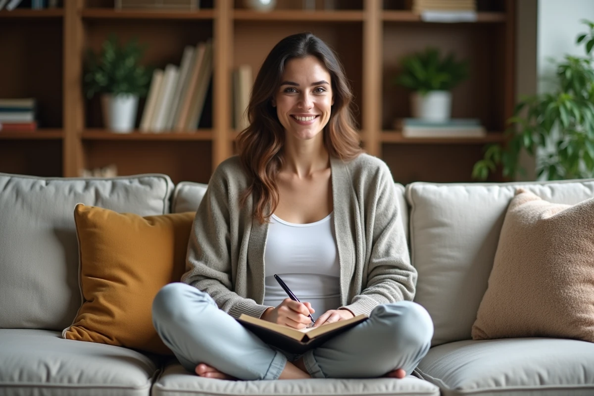 Femme souriante en train de journaliser dans un salon cosy