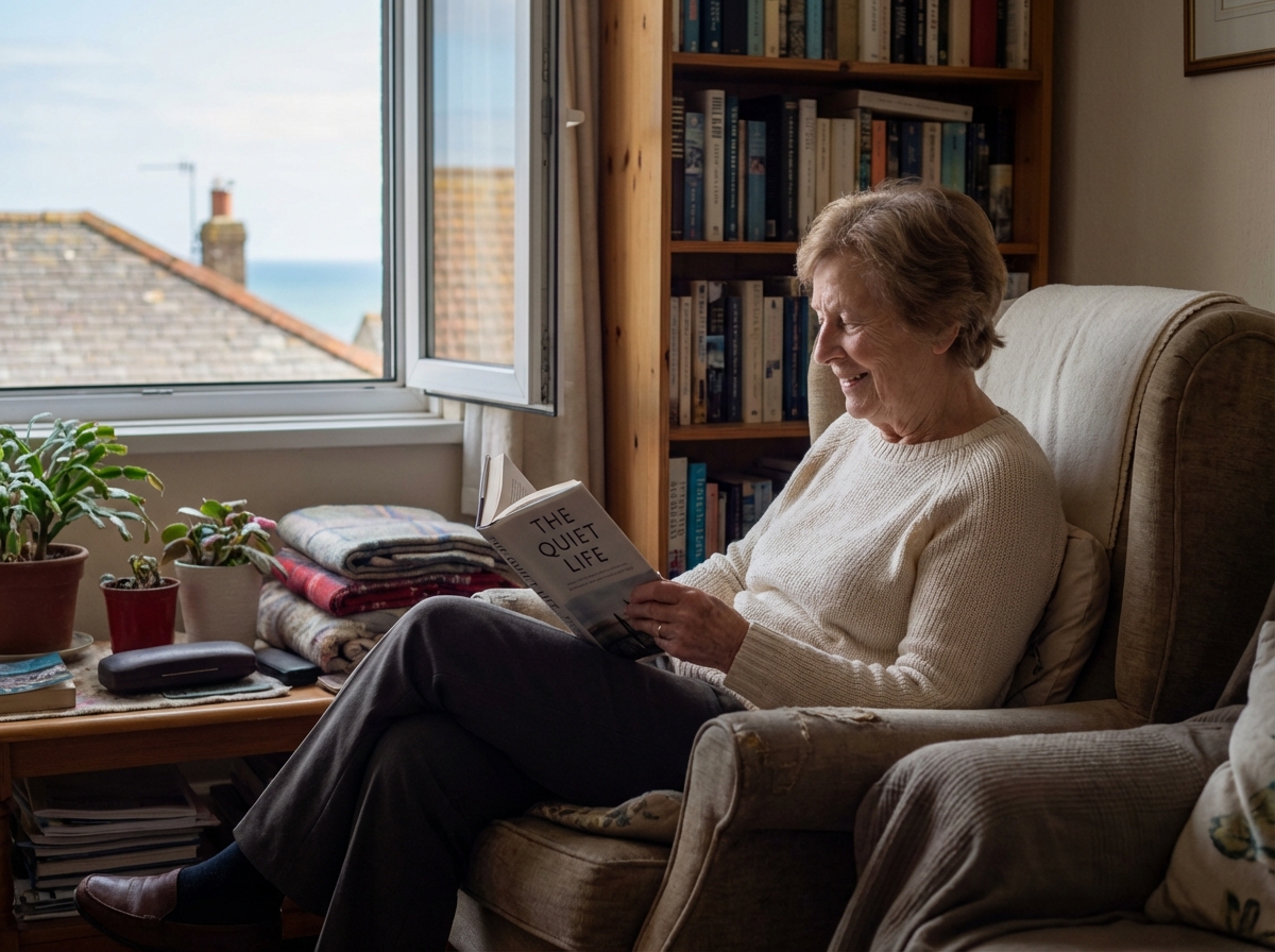 Femme âgée lisant dans son appartement à Mille