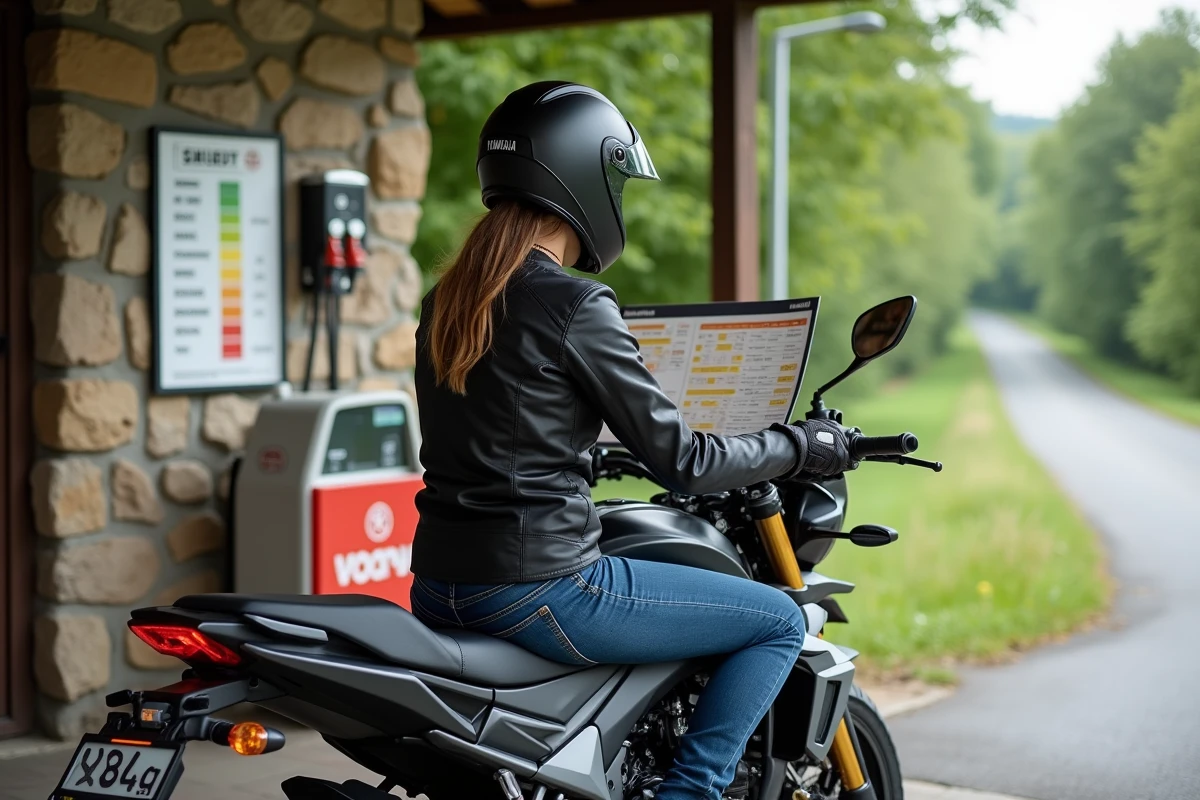 Femme assise sur sa moto lisant un tableau de qualité de carburant