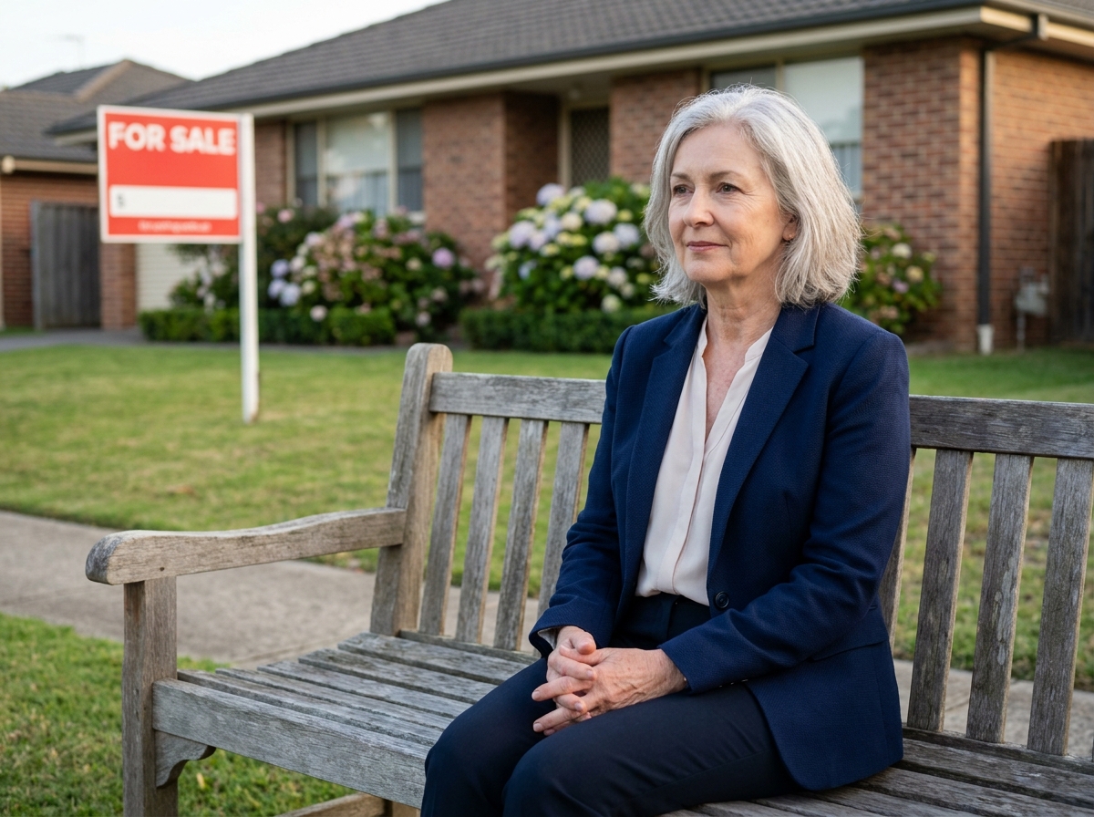 Femme âgée assise devant une maison à vendre