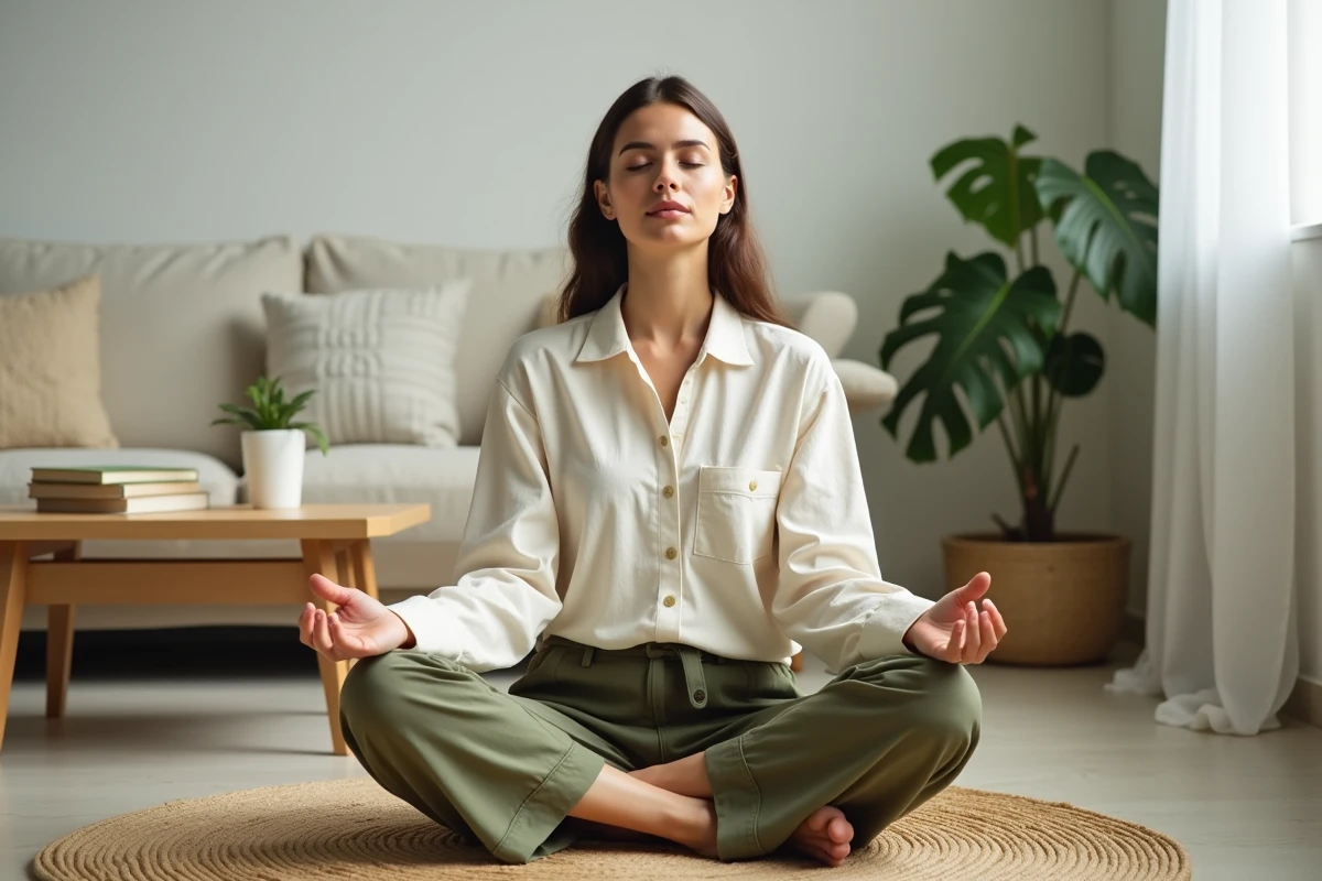 Jeune femme en méditation assise sur un tapis dans un salon lumineux pour illustrer la gestion du stress et le bien-être au quotidien
